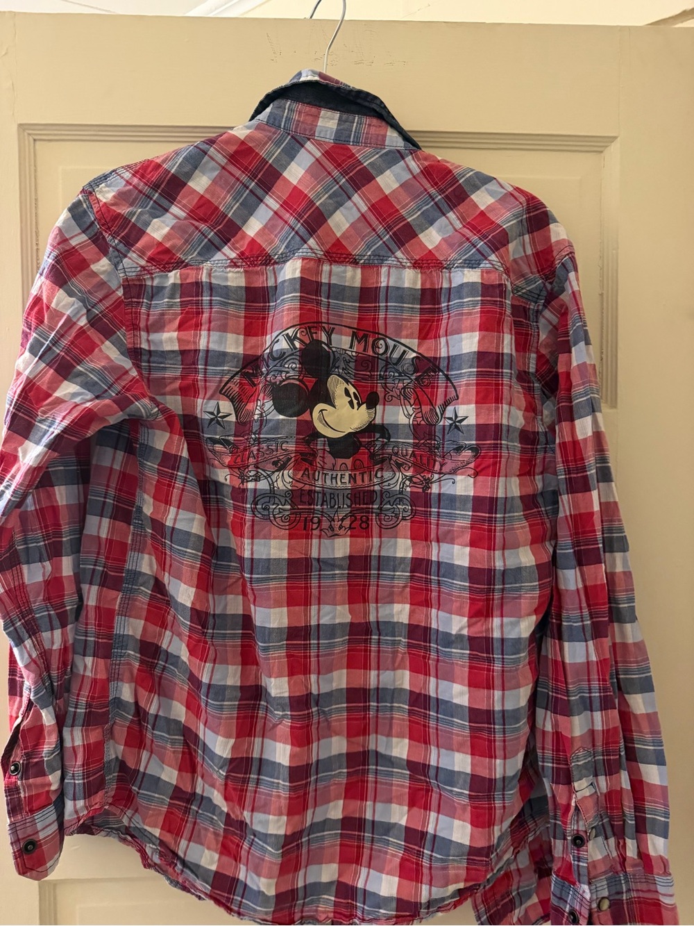 Disney Red and Blue Plaid Men's Button-Down Shirt with Mickey Graphic